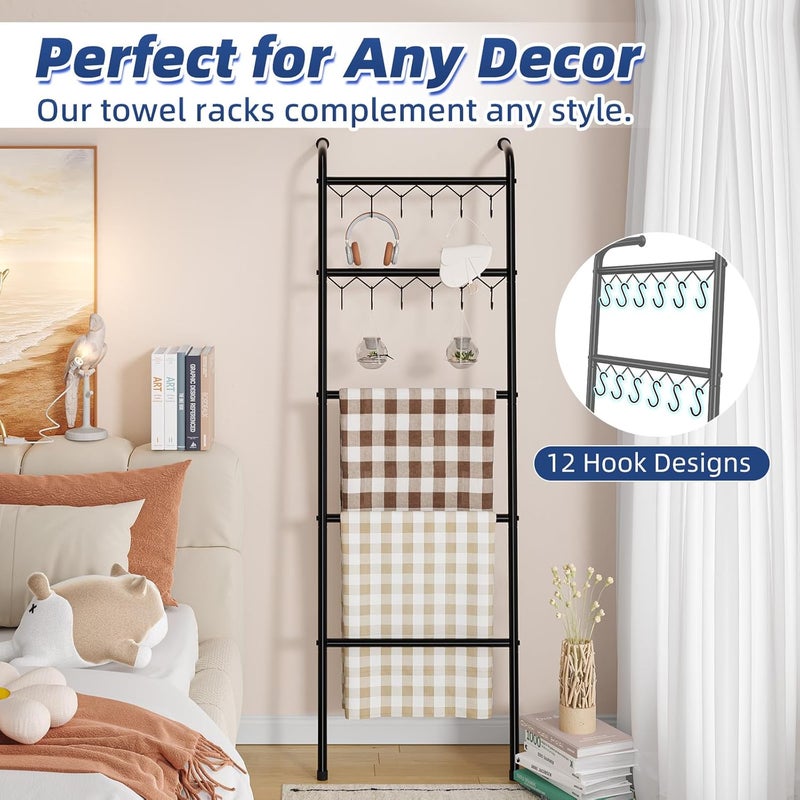 Simple Trending Blanket Ladder，5 Tier Metal Towel Rack with 12 Hooks, 79'' Metal Style Decorative Ladder for The Living Room Bedroom Bathroom Home Decor, Black - Image 1